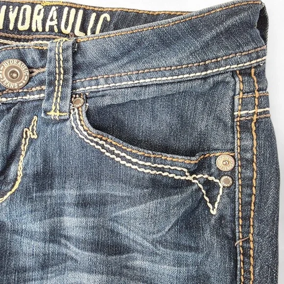 Hydraulic Low Rise Straight Leg Jeans Dark Wash Embroidered Pockets - Picture 5 of 11